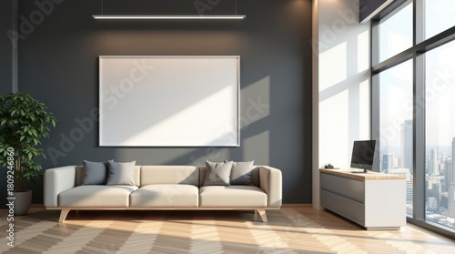 Modern minimalist living room with large blank canvas and city view