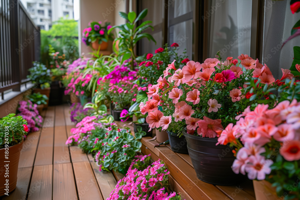 Fototapeta premium Bright and Colorful Flowers Bloom on a Balcony Garden in a Peaceful Urban Setting