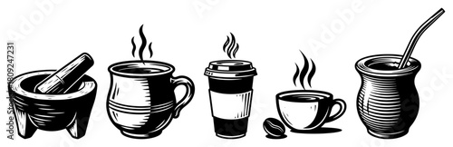 Hand Drawn Hot Coffee and Tea Cups Vector Illustration
