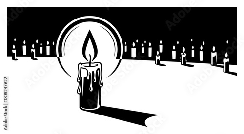 Burning Candle Silhouette with Glowing Flame for Memorial and Spiritual Commemoration Designs