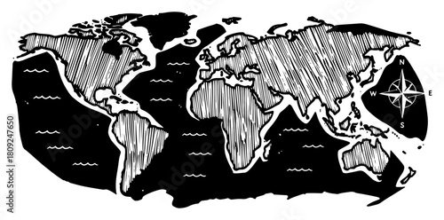 Sketchy Hand Drawn World Map Illustration with Compass Rose