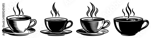 Set of Hot Coffee Cups with Steam in Engraving Style