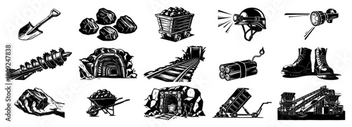 Mining Industry Icon Set with Coal Miner Tools Equipment and Infrastructure