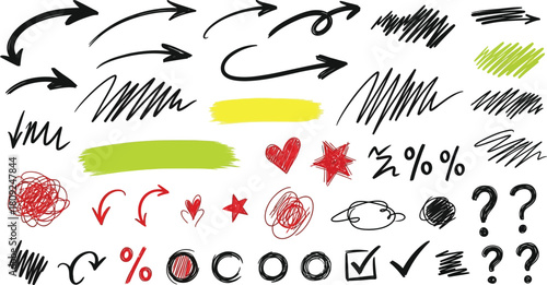 Assorted Hand Drawn Doodles Including Hearts Stars and Weather Symbols on White sketch scribble