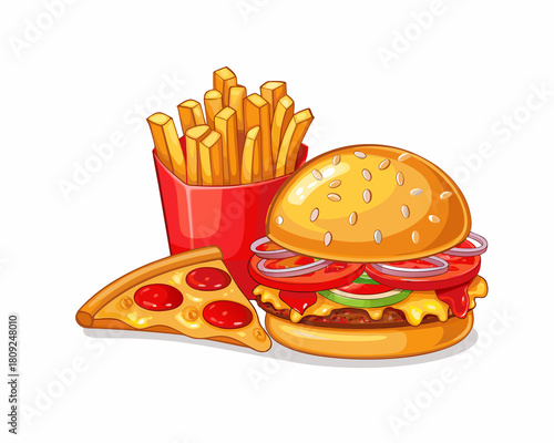 Classic fast food combo: hamburger, french fries, and pizza slice illustration