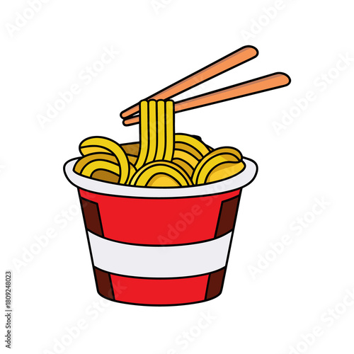 Instant ramen noodles in red cup with chopsticks, quick meal illustration