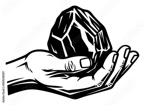 Hand Holding Raw Crystal Rock Vintage Engraving