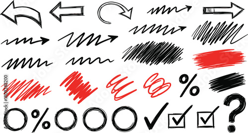 Hand Drawn Scribble Marks and Symbols with Red Lipstick Kiss Marks and Question Marks on White Background