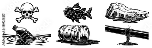 Toxic Waste and Water Pollution Hazard Icon Set Vector