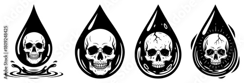 Set of Human Skulls Trapped Inside Liquid Water or Oil Drops for Dark Tattoo Design