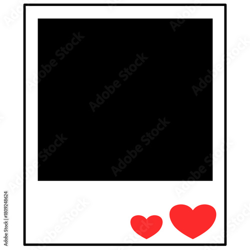 Minimalist style vector illustration of a polaroid photo frame. Colored sine with black squares for inserting photos and decorated with cute red hearts.