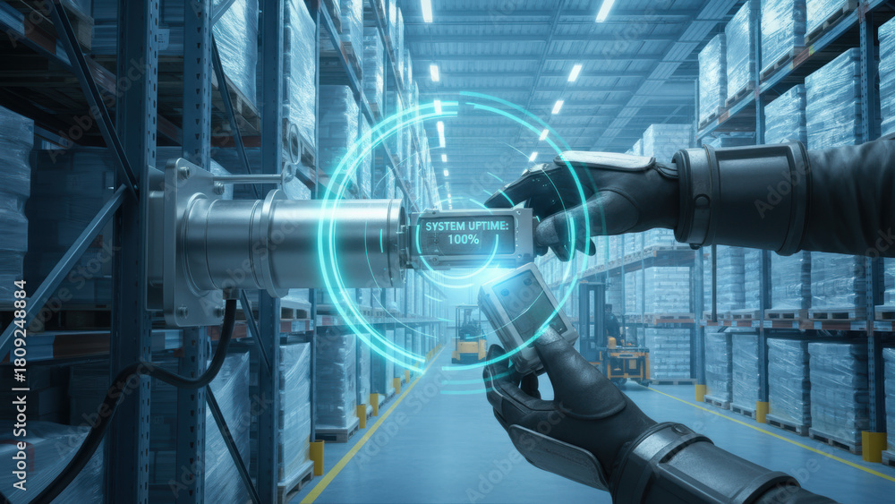 Fototapeta premium Robotic hand scanning temperature sensor cold chain logistics warehouse logistic temperature control system uptime 100% secure efficient