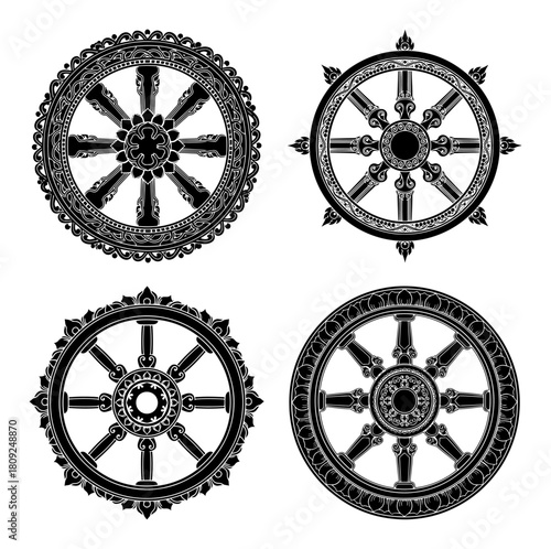 Buddhist Dharma Wheel Mandala Set with Ornamental Sacred Symbols
