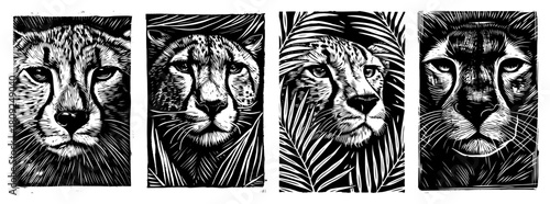 Wild Cheetah Portrait Set with Tropical Leaves Safari Animal Illustration