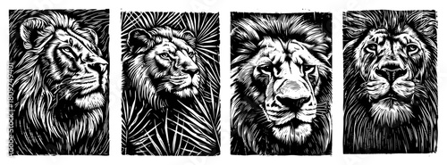 Lion Portrait Woodcut Illustrations with African Wildlife Safari Theme