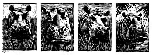 Hippo Portrait Woodcut Illustrations with African Wildlife Safari Theme