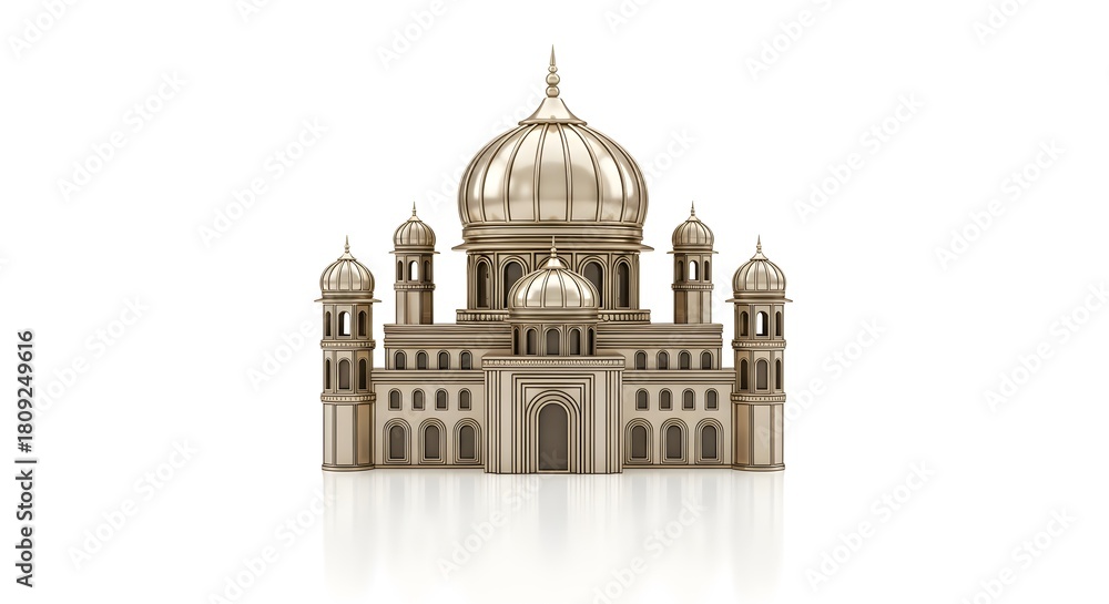 Fototapeta premium Golden mosque model, miniature architecture, ornate building, 3D rendering