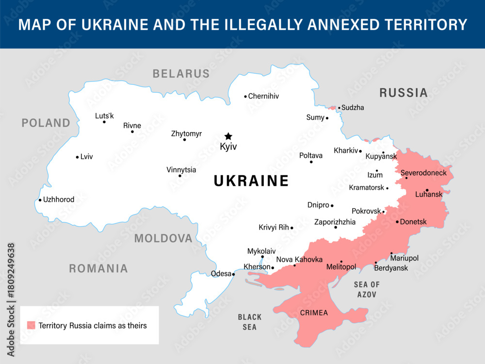 Obraz premium Map of Ukraine with illegally russian annexed territory border, November 2025. Vector map of Ukraine with occupied territory by Russia for news or reports