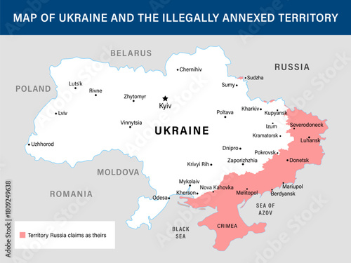 Map of Ukraine with illegally russian annexed territory border, November 2025. Vector map of Ukraine with occupied territory by Russia for news or reports
