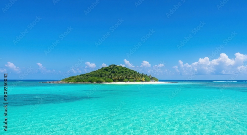 Fototapeta premium A small tropical island with lush green vegetation surrounded by turquoise water and blue sky