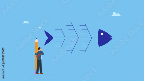 Businessman drawing fishbone diagram to analyze problem. Fishbone diagram tool to analyze cause of problem, root cause analysis or finding solution to solve problem, analyze effect or impact.