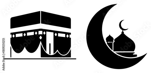 Kaaba and Crescent Mosque Silhouette Icons for Hajj and Ramadan