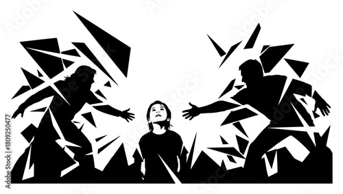 Parents Arguing in Broken Family Concept with Sad Child Silhouette