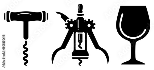 Wine Corkscrew and Glass Icon Set for Bar and Restaurant Design