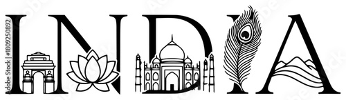 India Country Name Typography with Landmarks Taj Mahal and Cultural Symbols