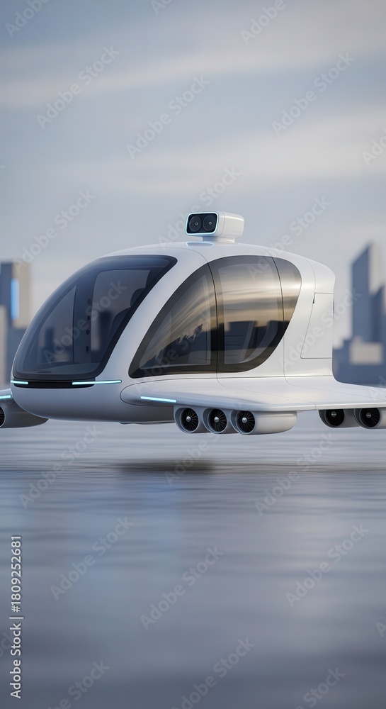 Obraz premium Futuristic personal aerial vehicle hovers above a reflective surface near urban structures