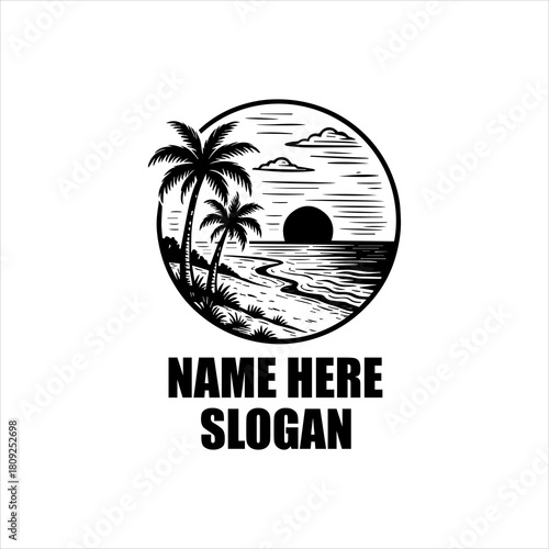 Retro Hand-drawn Tropical Beach Scene with Palm Trees, Ocean Waves, and a Serene Sunset, Ideal for a Vintage Summer Vacation Logo, Travel Brand, or Coastal Resort Identity