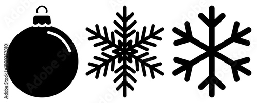 Christmas Bauble and Snowflake Silhouette Icons for Winter Holiday Design