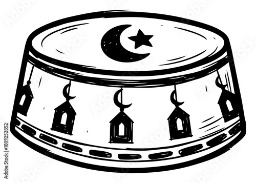 Islamic Kufi Prayer Hat Illustration with Crescent Moon and Lantern Symbols for Ramadan