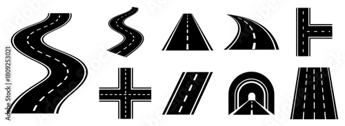 Set of Winding Road and Highway Asphalt Silhouette Icons