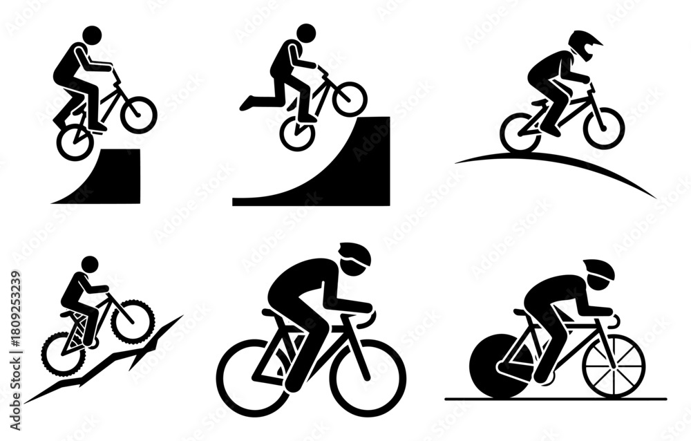 Fototapeta premium BMX and Mountain Bicycle Rider Silhouettes Extreme Cycling Icons