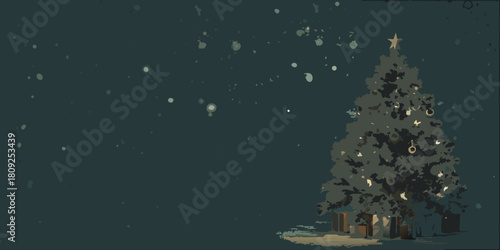 Stylized christmas tree with gifts and snowfall on a dark background