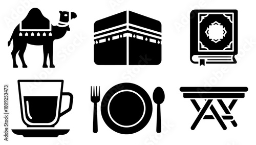 Hajj and Ramadan Icons with Kaaba Camel Quran and Iftar Meal