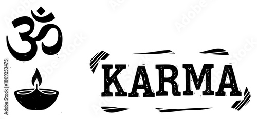 Karma Typography with Om Symbol and Diya Lamp Vector