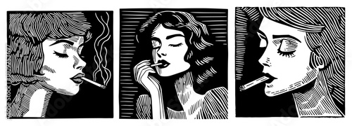 Vintage Woodcut Style Portraits of Women Smoking Cigarettes in Noir Aesthetic