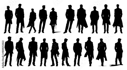 Silhouette Set of Men Wearing Long Trench Coats and Overcoats in Various Poses