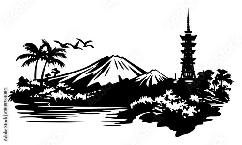 Mount Fuji Landscape with Japanese Pagoda Palm Trees and Lake Reflection