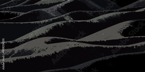 Abstract dark landscape of rolling hills with textured surface