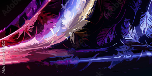 Abstract feather illustration with vibrant colors and dark background