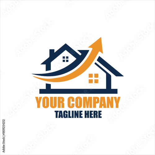 Real Estate investment logo design with a house and an upward financial growth arrow for property business
