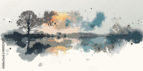 Abstract watercolor landscape painting with tree and lake reflection