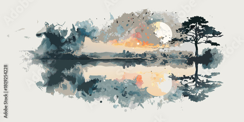 Watercolor landscape with tree lake sunset and birds in flight