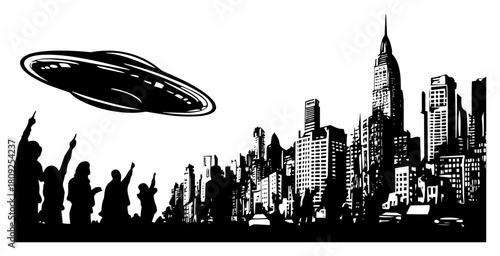 UFO Over City Skyline with Crowd Watching Flying Saucer