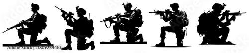 Set of Military Soldier Silhouettes with Rifles and Tactical Gear