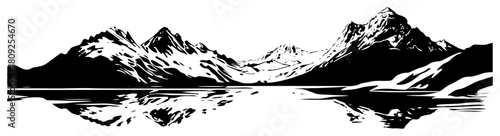 Wide Panoramic Mountain Landscape with Lake Reflection Silhouette