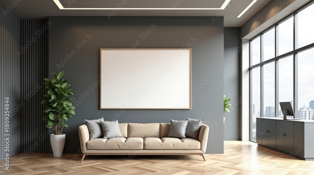 Fototapeta premium Modern minimalist living room with large blank canvas and city view